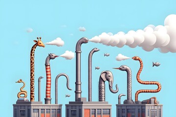 Metal Industrial Pipes Shaped Like Giraffes, Elephants, and Snakes Twisting and Curving Among Grey Structures
