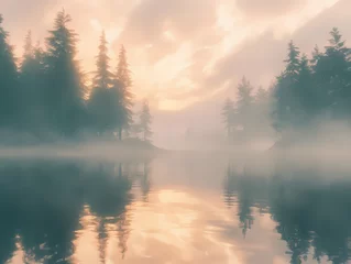 Tableau sur aluminium  Misty Dawn Serenity on the Lake isolated on transparent background  © bhatti