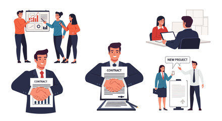 Business Deal, Contract Signing, Partnership, Teamwork, and Project Management Illustrations