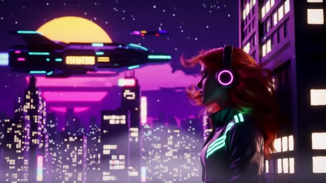 Synthwave Cityscape Woman with Headphones Futuristic Night View