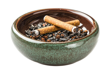 Used Cigarettes and Ashes in Ceramic Ashtray Isolated on White Background