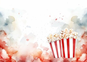 Watercolor Popcorn Illustration Movie Night Design, Red and White Striped Boxes,  Fluffy Popcorn, Cinematic Background