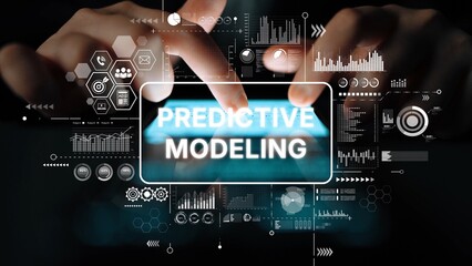 Hands Typing on Digital Tablet with Predictive Modeling Graphics and Data Analytics Visualizations....