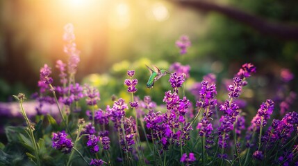 Obraz premium Hummingbird Hovering Over Blooming Lavender Flowers in Summer Garden
