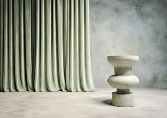 Sage green drapes flank a textured, light beige vase on a muted concrete floor