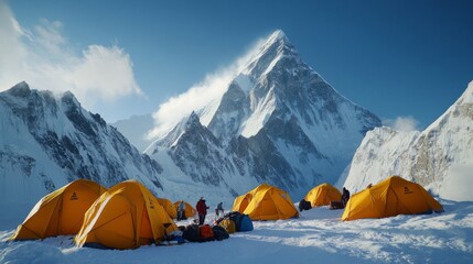 Base Camp with Yellow Tents on Snowy Mountain with Climbers under Blue Sky