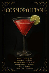 Cosmopolitan cocktail in a martini glass with lime wheel garnish. Digital illustration of vodka, triple sec, lime juice, and cranberry juice drink. Moody dark chic luxury style