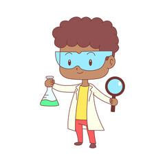 Little scientist holding magnifying glass and laboratory flask, cute, child, hand drawn