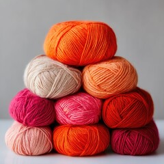 Stacked balls of vibrant yarn in warm orange and pink tones