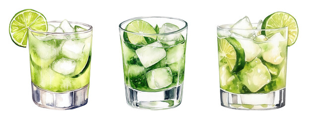 Caipirinha cocktail with lime slices and ice cubes in short glass. Watercolor illustration isolated on transparent background. Brazilian drink with cachaca