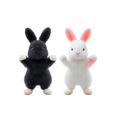 Fototapeta premium Two adorable cartoon rabbits, one black and one white with pink ears, stand side by side on transparency background. Their playful stance and cute expressions create charming and whimsical scene