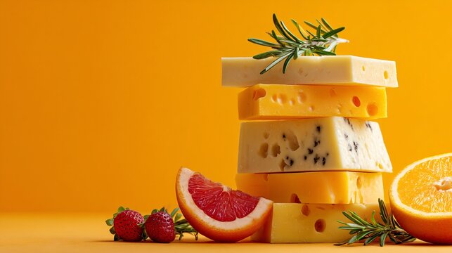A deep orange background, cheese stack with rosemary and colorful fruit slices