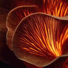 Close-up of glowing orange-brown mushroom gills