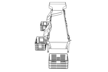 Industrial Automation System: Automatic Sorting Conveyor Belt Technical Drawing - Monochrome Wireframe Schematic of Material Handling Machinery for Smart Warehouse Logistics and Production