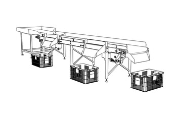 Industrial Automation System: Automatic Sorting Conveyor Belt Technical Drawing - Monochrome Wireframe Schematic of Material Handling Machinery for Smart Warehouse Logistics and Production