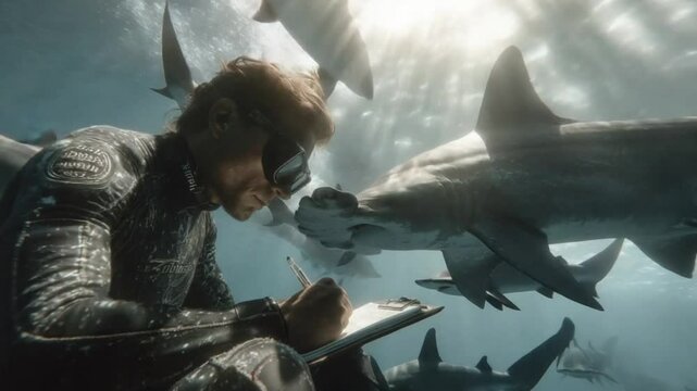 Underwater Research: Marine Biologist Studies Hammerhead Sharks in Their Natural Habitat