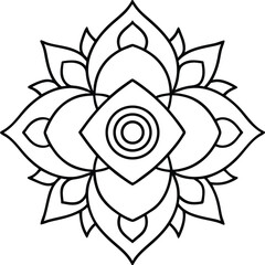 A symmetrical black and white mandala design with floral and geometric patterns