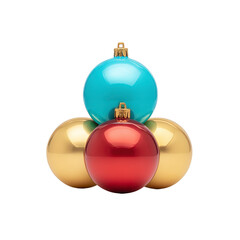 Three glossy Christmas ornaments, one blue and one red on top of two gold, arranged in pyramid shape, reflecting light