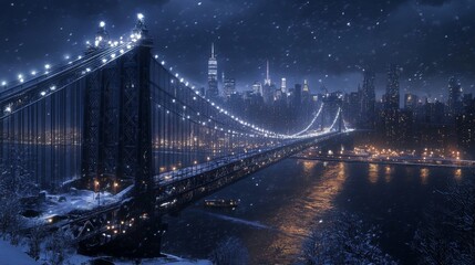 Night View of City Skyline Featuring a Suspension Bridge Under Starry Sky