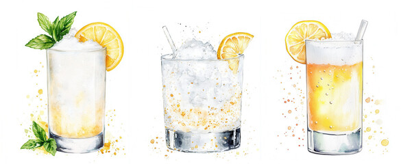 Set of three watercolor illustrations of Gin Fizz cocktails in different glasses with crushed ice, lemon slice garnish, and yellow fizzy liquid on white background. Hand-painted summer drink artwork. 