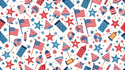 Seamless Patriotic Firecracker Pattern with Stars and Flags for Fabric