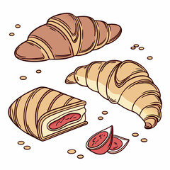 French Bakery Croissants and Pastries with Crumbs on Table