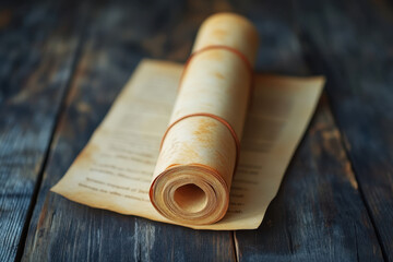 Rolled scroll on wooden table.