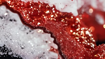 Dynamic drops of red and white glitter in black oil or ink diffusing through liquid, creating an abstract aquatic swirls