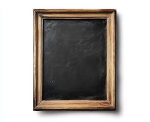 A rustic wooden frame encloses a dark, blank slate