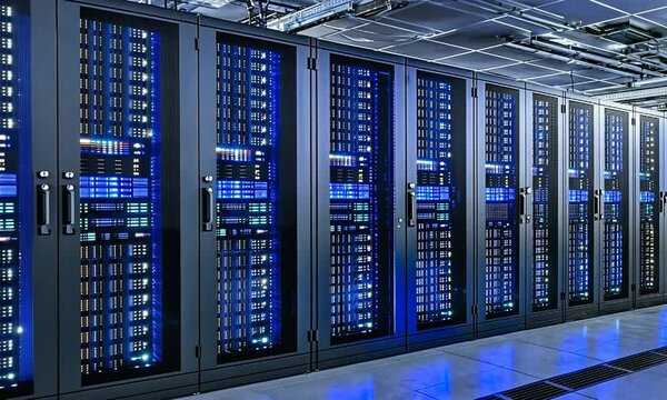 Modern data center with rows of servers displaying blue lights, showcasing advanced technology