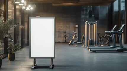 Blank advertising stand in hotel gym entrance, fitness equipment in background