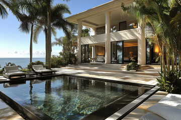 Architecture design 3D rendering: luxury villa-resort in the nature near the sea with pool outside