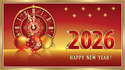 Happy New Year 2026. Greeting card with date 2026 on a red background with clock and Christmas balls. Vector illustration for backgrounds, banners, posters