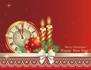 Happy New Year. Christmas background with clock, candles and ball on red background with fir branches decorated with ribbon and ornament. Vector illustration