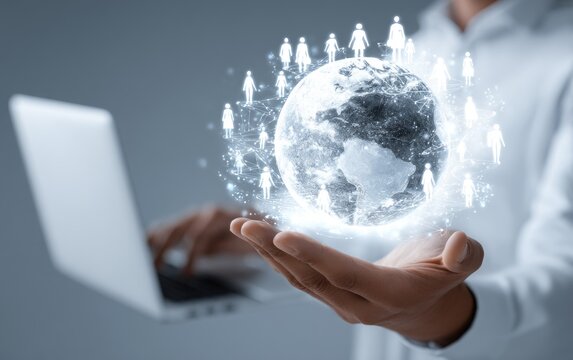 Person holds a holographic globe, surrounded by digital people - Powered by Adobe