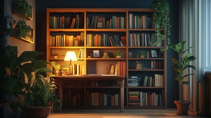 Cozy home library at night, warm light