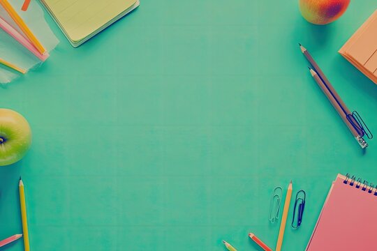 Colorful school supplies arranged on a teal surface (2)