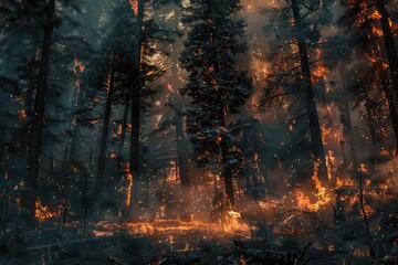 Raging wildfire consuming forest landscape, burning trees with intense orange flames