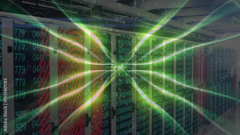 Poster fingerprint activating beams shooting into rack sparking as codes updating and simulating login