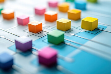 Colorful cubes arranged on blue background.