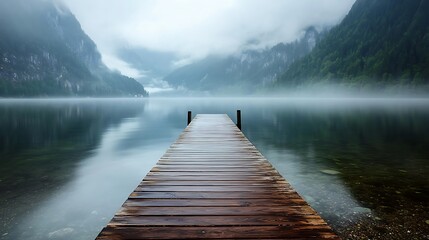 Hallstatt lake in the Austrian Alps with a wooden jetty