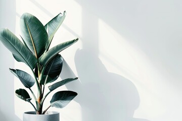 Potted green plant casting shadow on a minimal white wall in bright sunlight