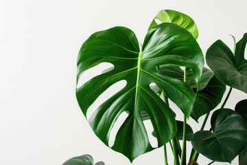 Close-up of fresh monstera deliciosa plant with vibrant green leaves, creating a tropical feel against a clean white backdrop