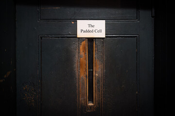Shallow focus of a sign depicting a Padded Cell wooden door. The window slot is used to check on...