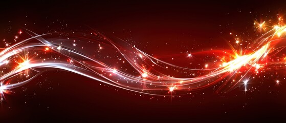 Obraz premium Abstract red and white glowing wave with sparkling particles on a dark background