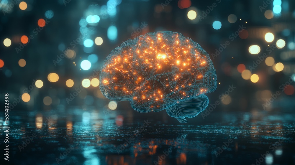 Poster futuristic digital brain made of glowing wires and lights floating on a dark surface with blurred ab