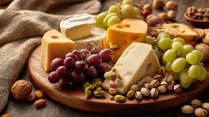 A round wood board with gouda, grapes, and pistachios, surrounded by neutral textile accents,