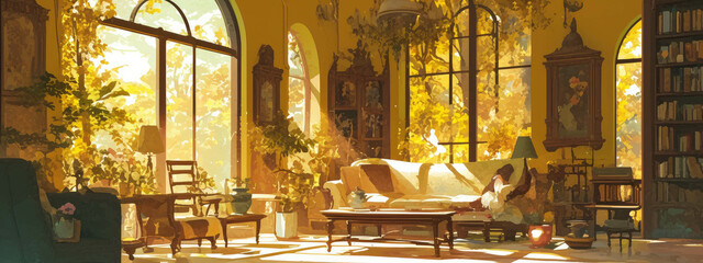 Relaxing woman reading book near sunlit window, surrounded by lush houseplants during peaceful autumn afternoon