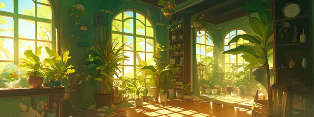 Sunlight illuminates lush green plants in pots arranged artfully in a tranquil room, creating a serene indoor oasis