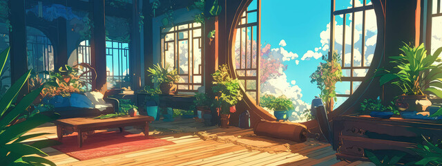 Lush plants thrive in sunlight streaming through circular windows in a traditional asian-style interior